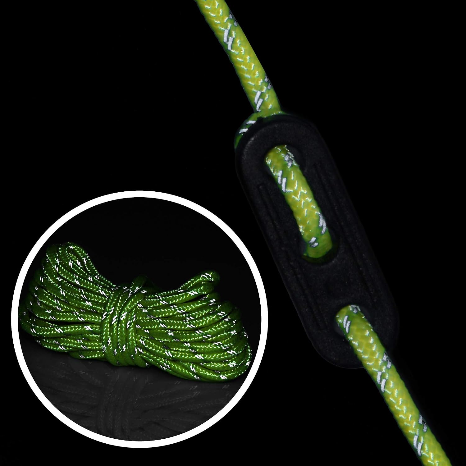 Detalle 2 de COM-FOUR® 8x Corde per tiranti 4 m gialle riflettenti con fibbia – cavo per tenda, corda campeggio