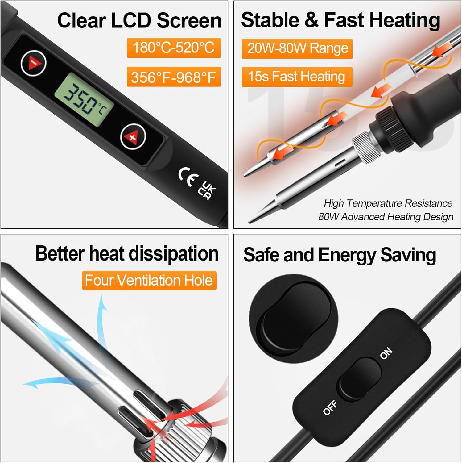 Thumbnail 3 de 80W LCD Adjustable Temperature Soldering Iron Kit (180–520°C) with 5 Tips, 50g Solder Wire & Desoldering Pump
