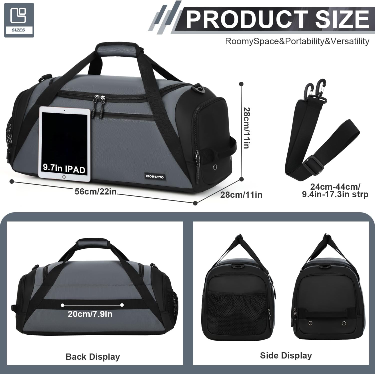 Detalle de FIORETTO Mens Sports Gym Bag with Wet Pocket & Shoe Compartment