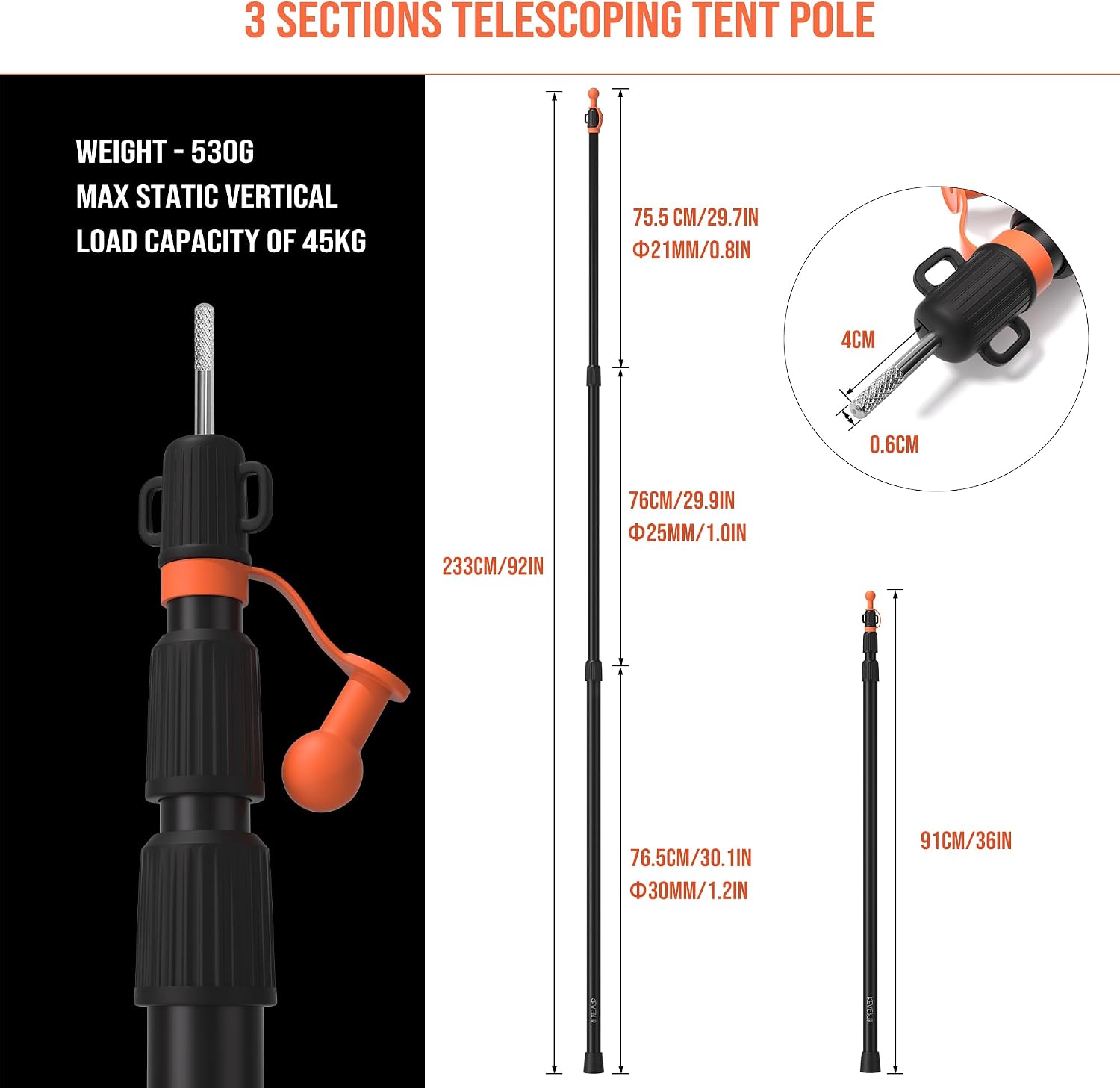 Detalle de KEVEBUB Adjustable Tarp Poles: Ultra-Light Yet Heavy-Duty 6063 Aluminium Telescopic Poles (90–230cm) – Set of 4
