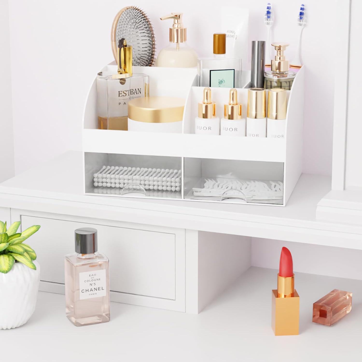 Thumbnail 4 de Makeup Organizer with Drawers (White-2P) — 6 Sections and 2 Drawers for Dresser, Vanity, and Bathroom Counter