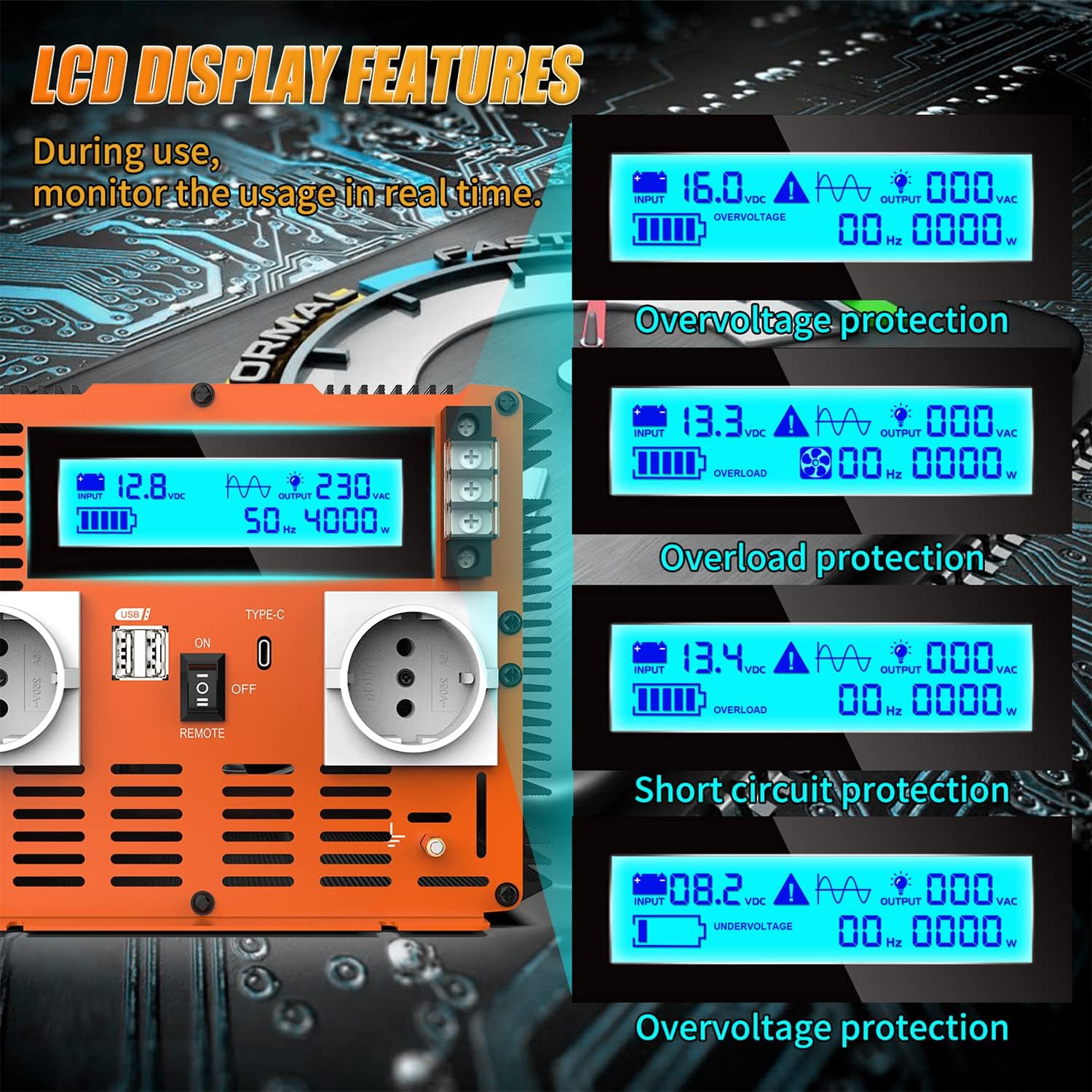 Detalle 2 de JARXIOKE Inverter 12V a 220V onda pura 4000W con telecomando, doppie prese AC e USB-C