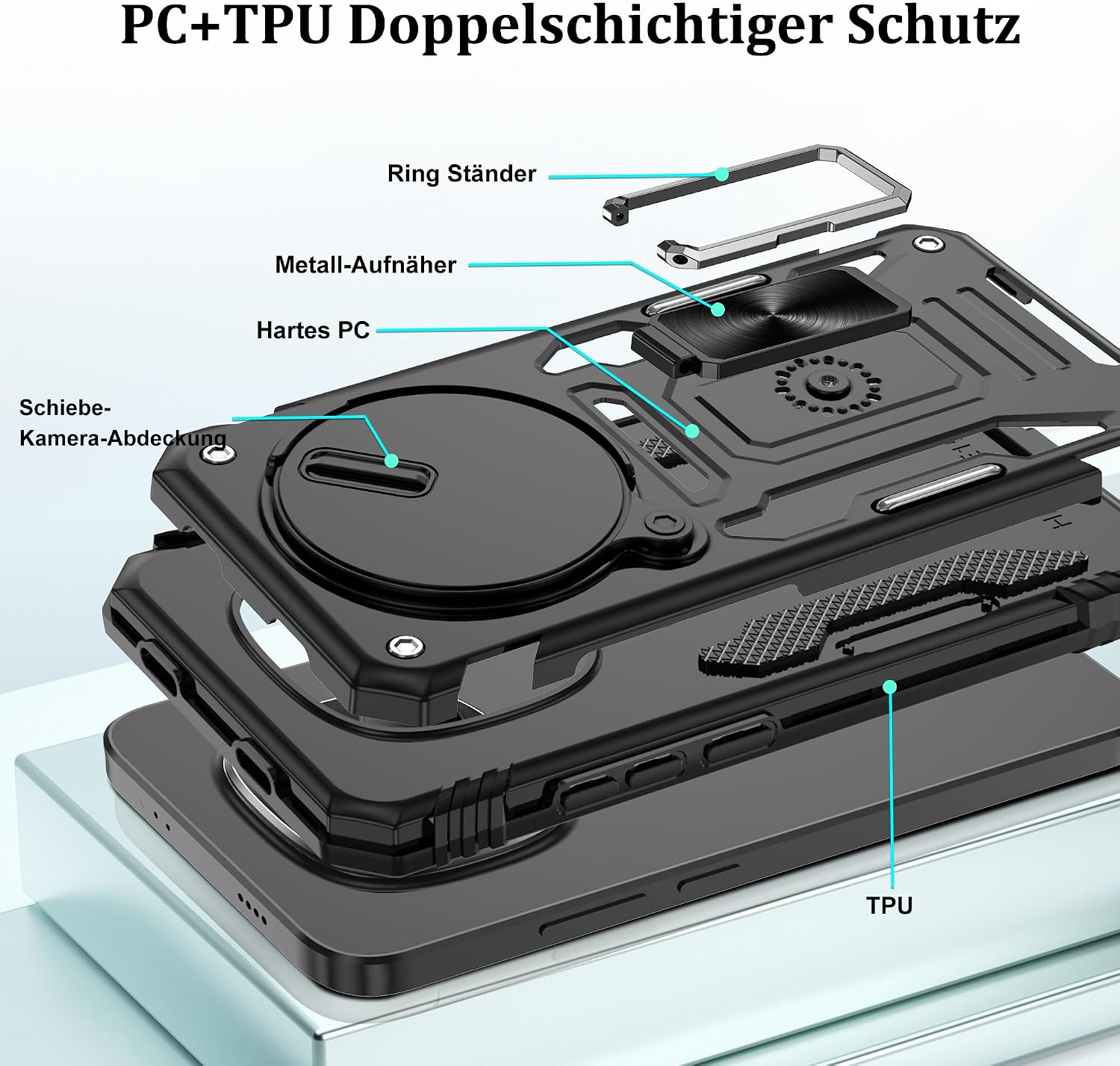 Detalle 2 de Jshru Hülle für Xiaomi Redmi Note 15 Pro 5G – Stoßfeste Schutzhülle mit 360° Metallhalterung und Kameraschutz (Schwarz)
