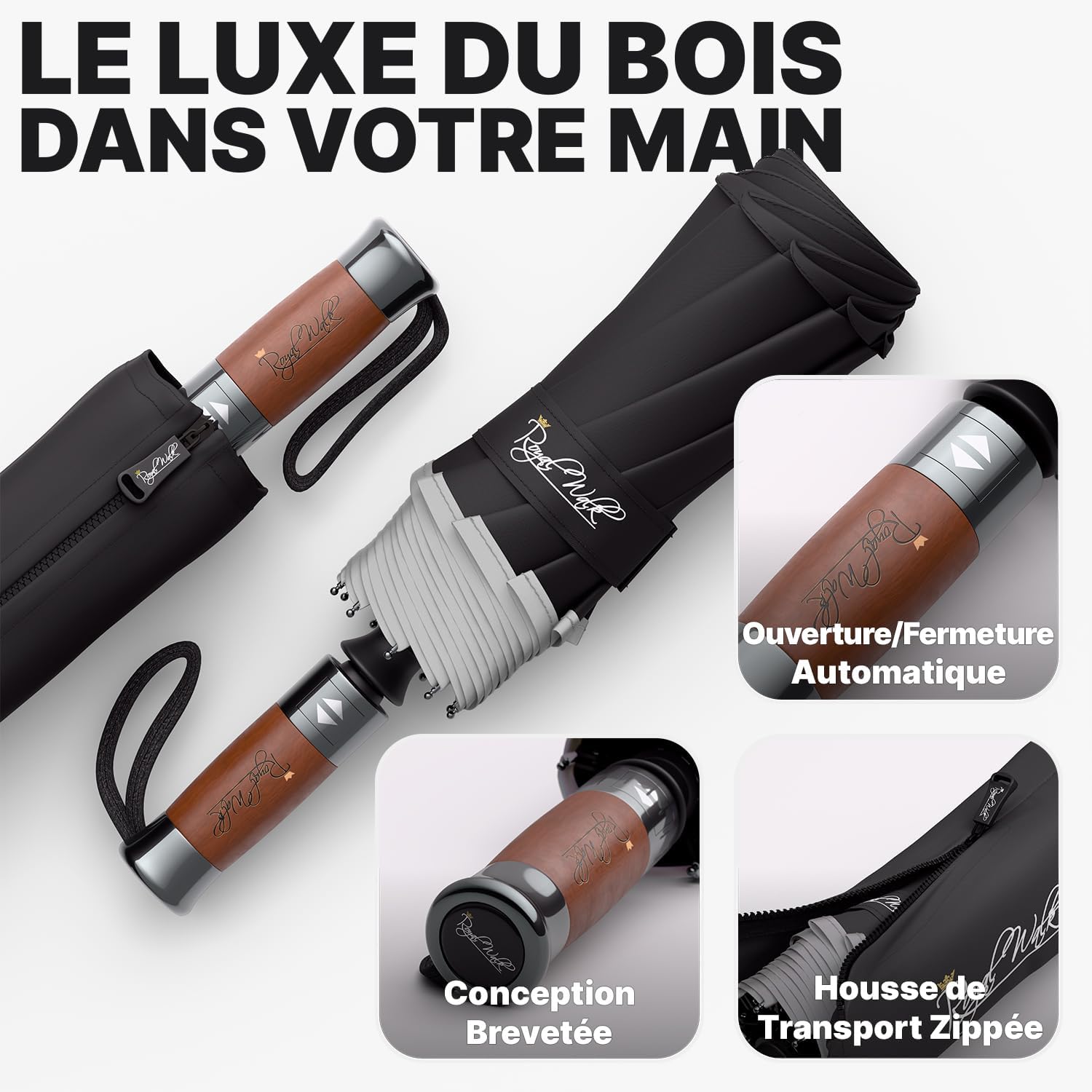 Thumbnail 2 de Royal Walk – Parapluie de voyage pliable coupe-vent double toile ventilée, poignée en bois véritable (Noir, L)