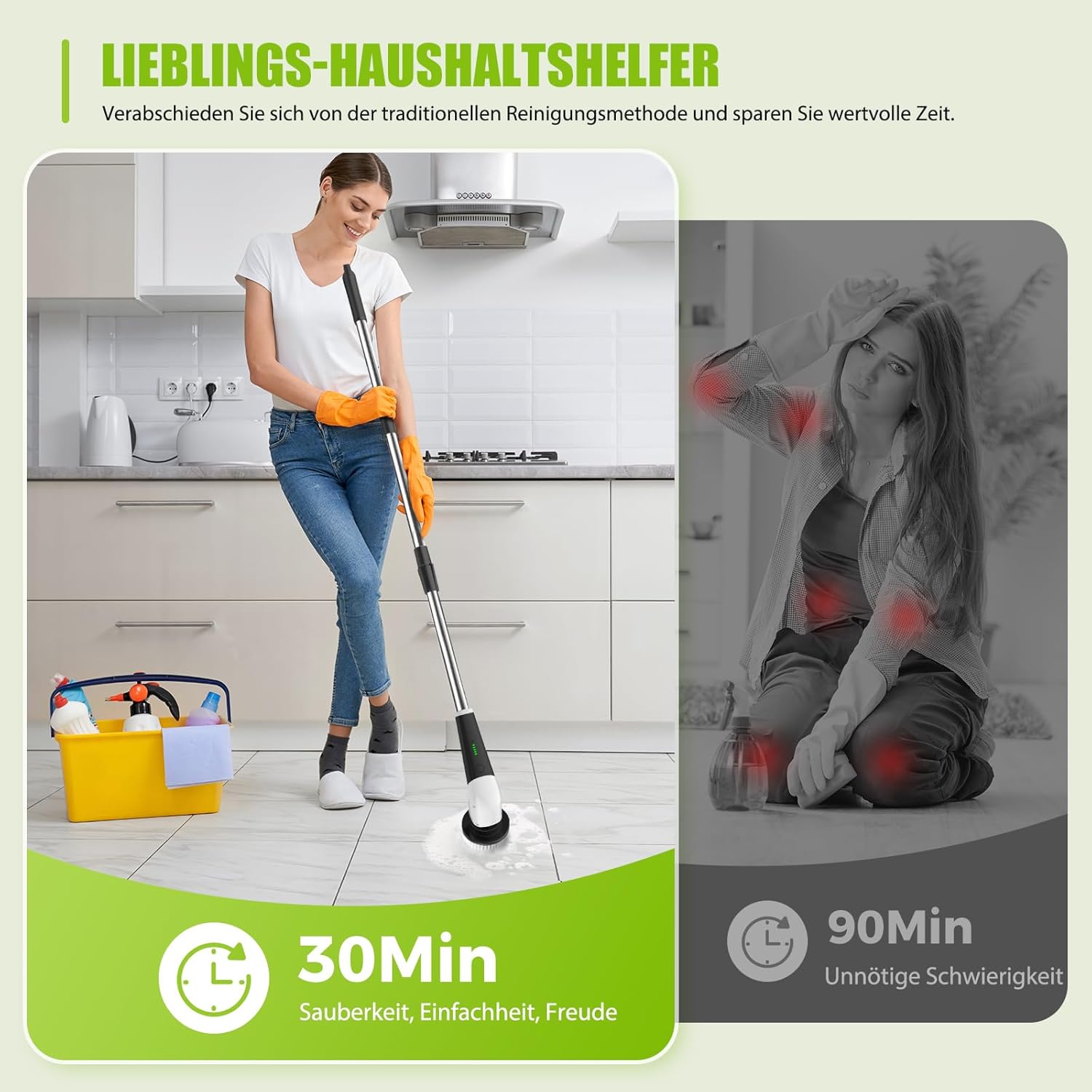 Thumbnail 4 de YKYI Elektrische Reinigungsbürste mit 8 Aufsätzen (IPX7, Teleskopstiel, USB‑C)