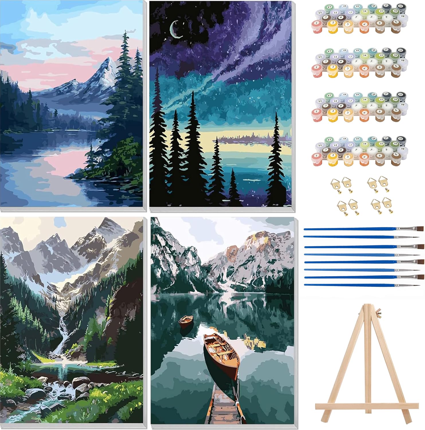 Detalle de Hongyrjy 4 Pack Landscape Paint by Numbers with Framed Canvas and Wooden Easel