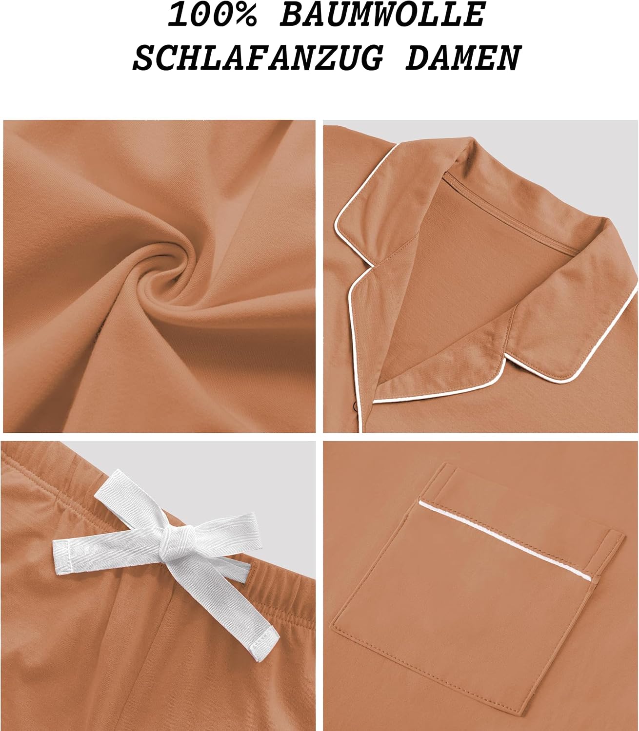 Detalle de COLORFULLEAF Damen-Schlafanzug aus 100% Baumwolle mit Knopfleiste (Kurzarm-Set, zweiteilig)