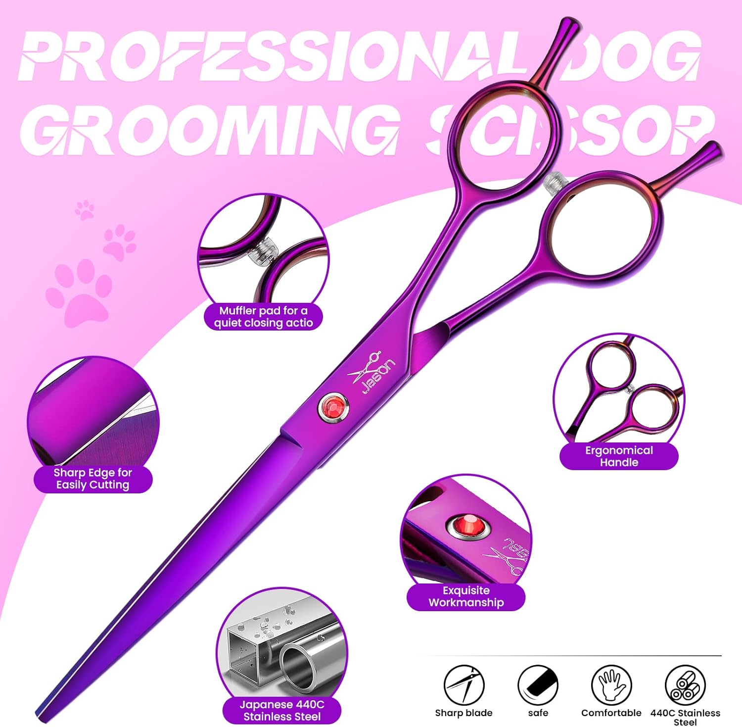 Thumbnail 2 de JASON Lot de ciseaux professionnels 6 en 1 pour chien – 7,5" en acier japonais 440C, lame stable et ergonomie