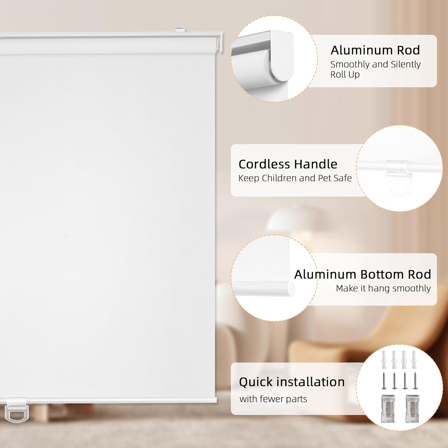 Detalle de ChrisDowa Cordless Blackout Roller Shades (30" W x 72" H, White)