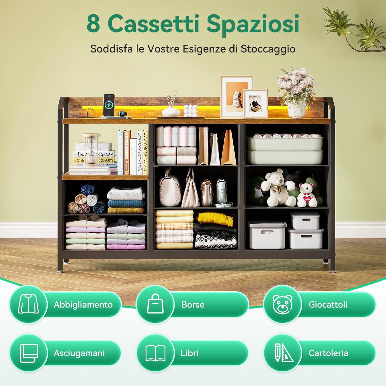 Detalle 2 de ODK Cassettiera Camera da Letto con Striscia LED, 8 Cassetti in Tessuto e USB/CA – Vintage