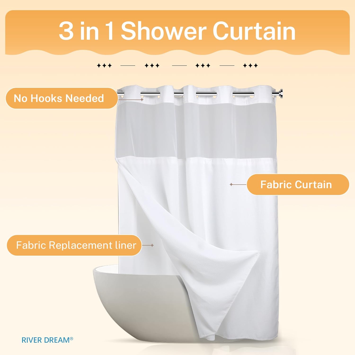 Thumbnail 6 de River Dream Heavyweight No-Hooks-Required Dotted Waffle Weave Shower Curtain with Snap-In Liner (White)