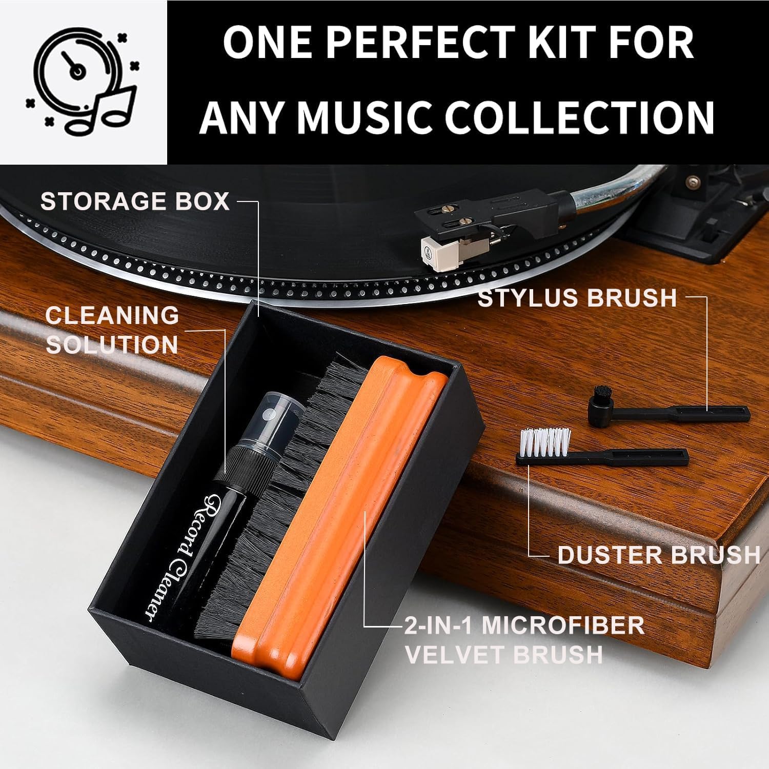 Detalle de 5 in1 Vinyl Record Cleaner Kit with Velvet & Microfiber Brushes, XL Cleaning Liquid, Duster, and Stylus Brush