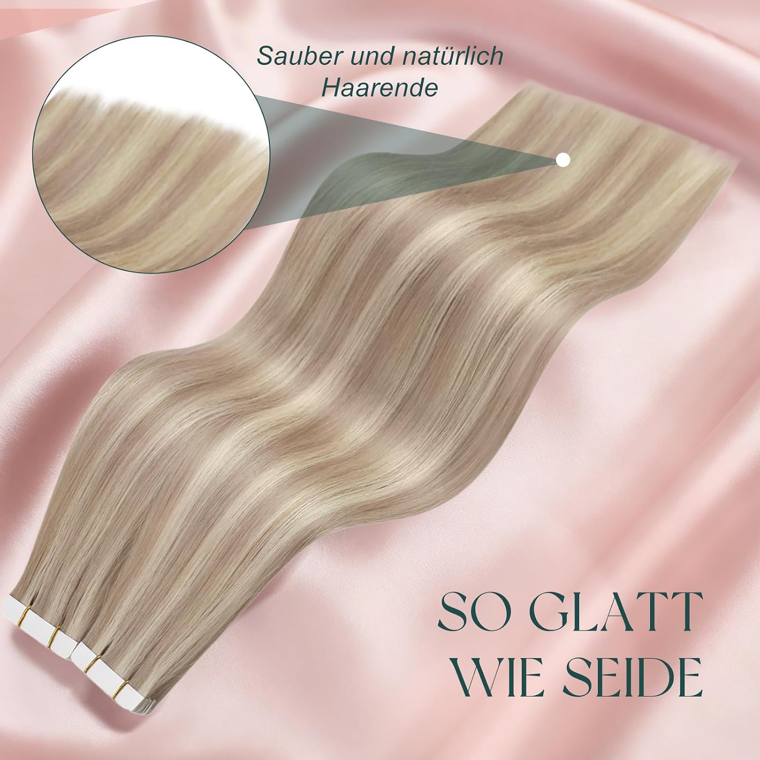 Detalle 2 de Easyouth Tape Extensions Echthaar Blond – Haarverlängerung Aschblond Highlight #P18/613, 20 Stk, 45 cm