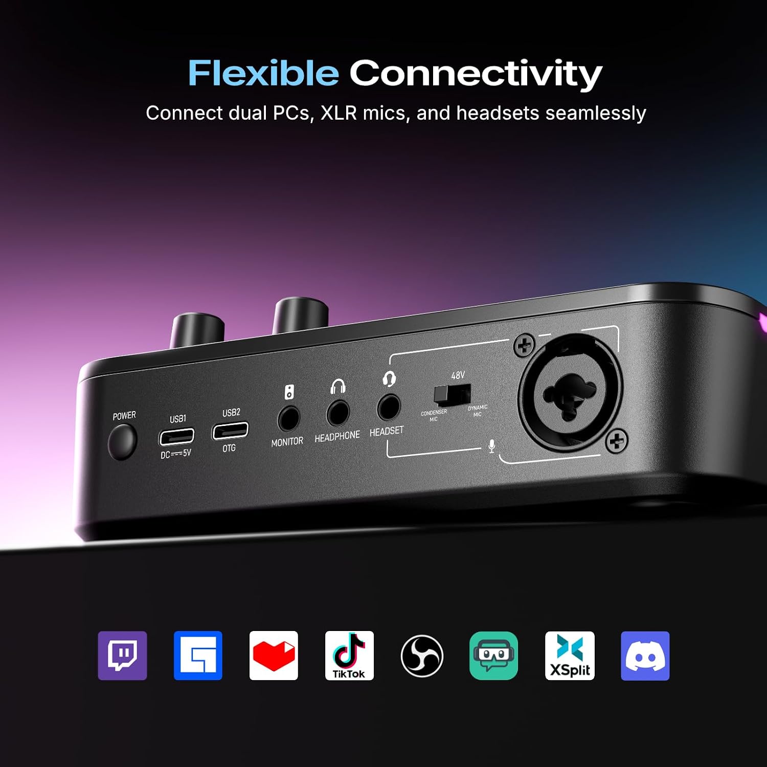 Detalle 2 de MAONO G3 Gaming Audio Mixer with 4 Faders, 3 Submixes and XLR Input