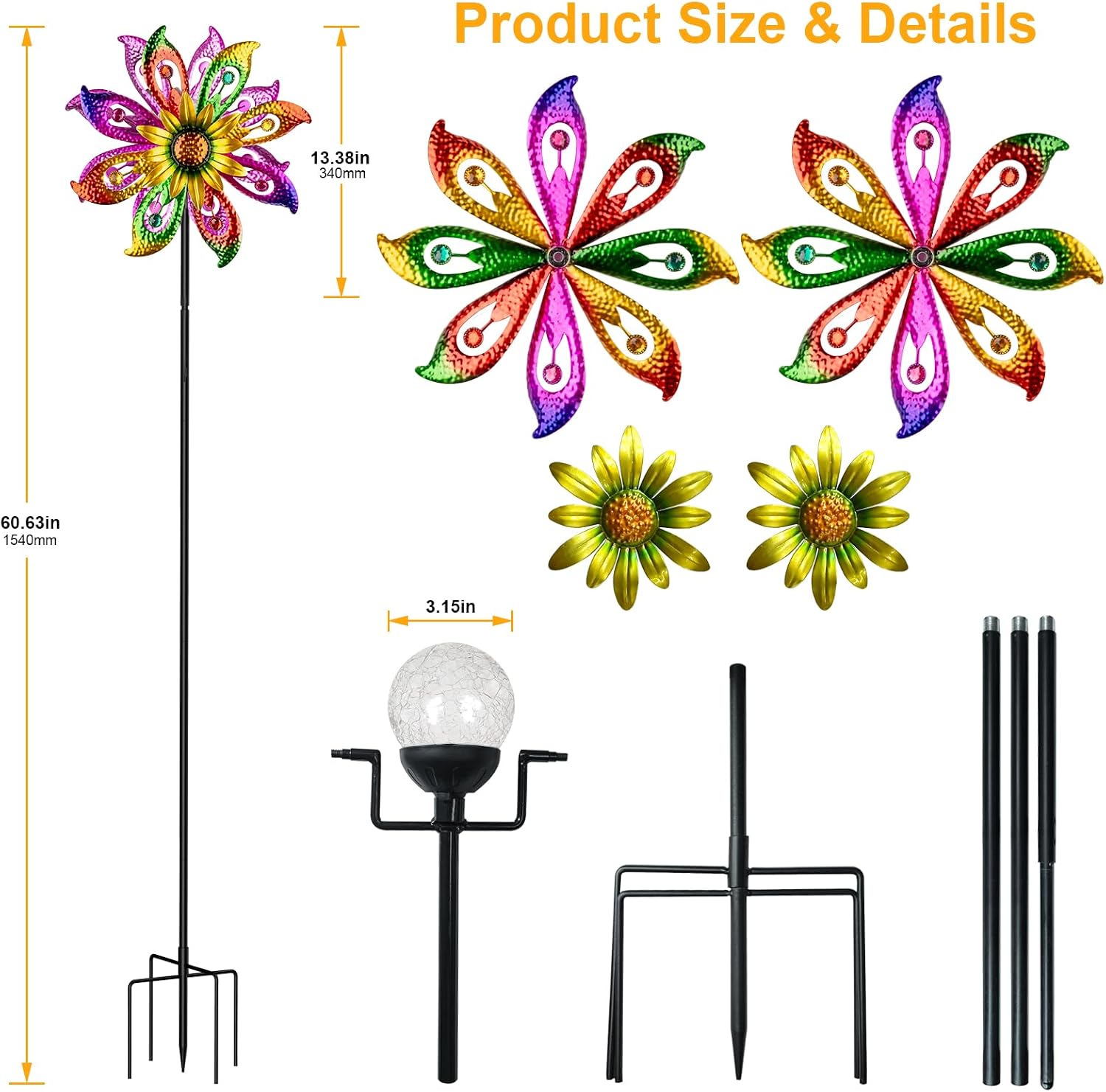 Thumbnail 5 de 360° Solar Wind Spinner with Lights Sunflower Garden Decor (60.63" H, 13.38" Dia)