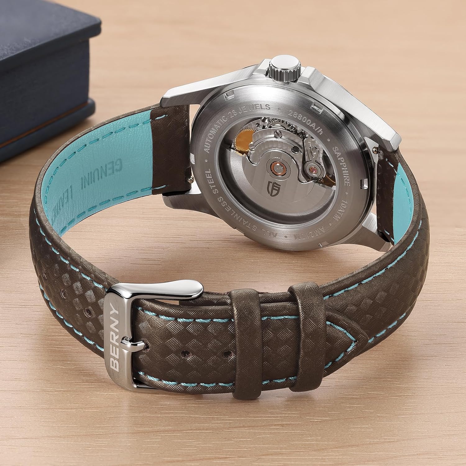 Thumbnail 5 de BERNY Quick Release Echtleder Uhrenarmband – modisches Raster Muster, 20 mm/22 mm
