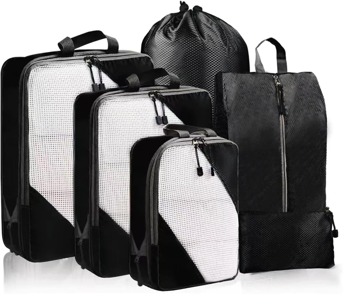 Detalle de MOLICRAIN Compression Packing Cubes for Suitcase – 6-Piece Ultralight Travel Organiser Set (Black)