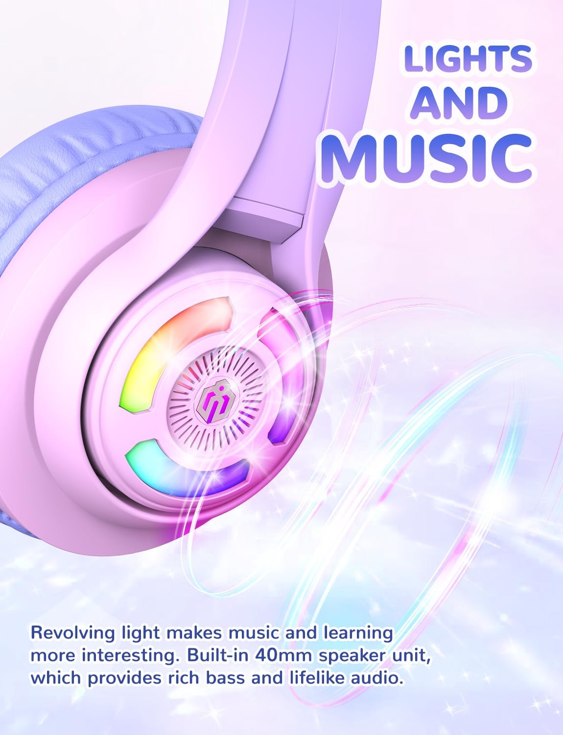 Detalle 2 de iClever Kids Bluetooth Headphones BTH13: Cat Ear LED Lights, 50H Playtime, Safe Volume for Kids