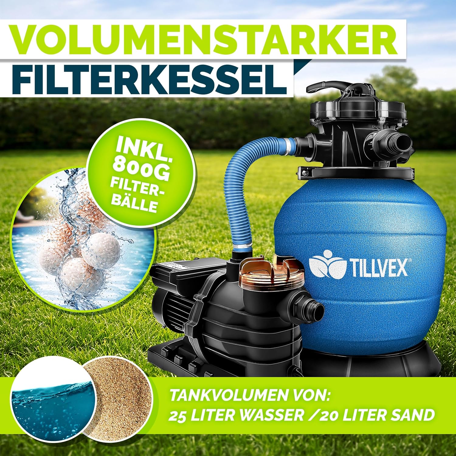 Thumbnail 6 de Tillvex Sandfilteranlage Pool 10 m³/h inkl. 800 g Filterbälle – 7-Wege Ventil, Ø32/38 mm, Druckanzeige