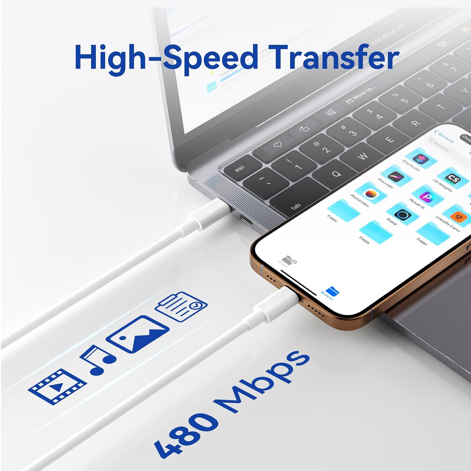 Detalle de USBC to USBC Cable 3-Pack 1.8m: 60W USB-C to USB-C fast charging and durable design