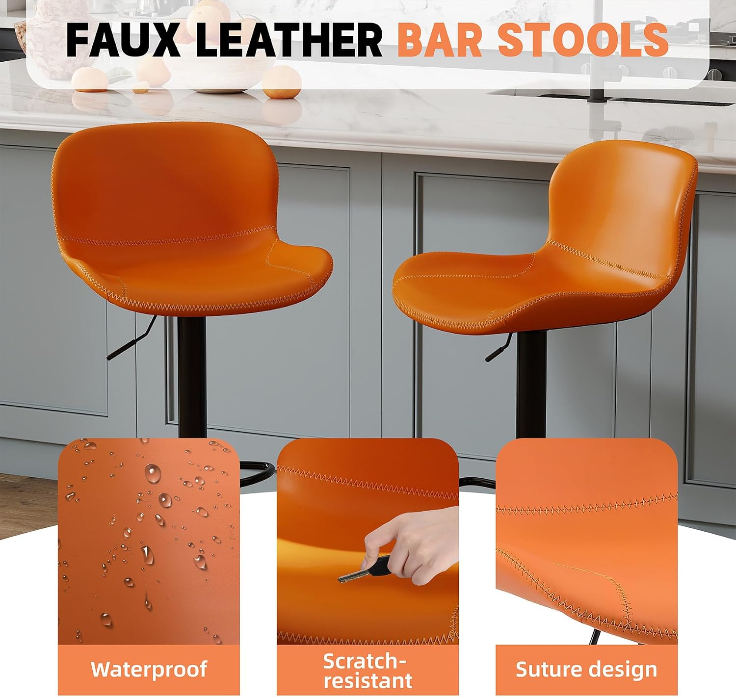 Detalle 2 de Youhauchair YC-8010OR-2PC-EU Bar Stools, Set of 2, Orange PU Leather