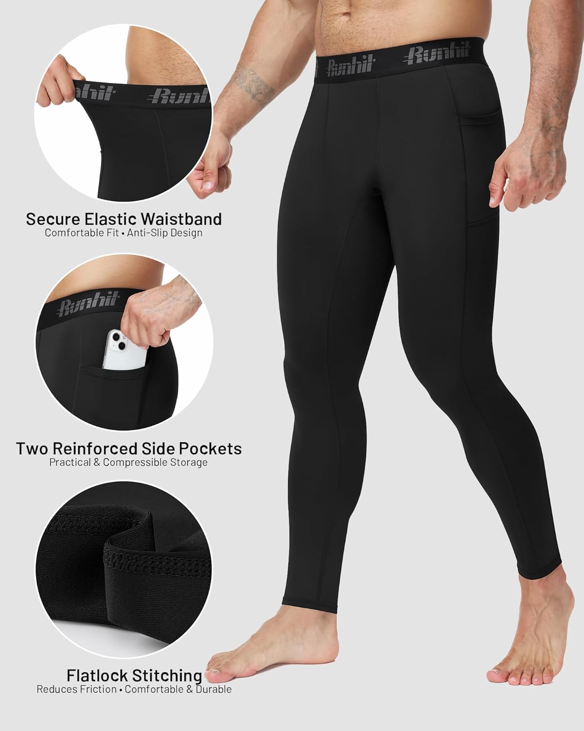 Detalle de Runhit Men’s Running Leggings with Pockets – 1/3 Pack Compression Tights for Training and Outdoors