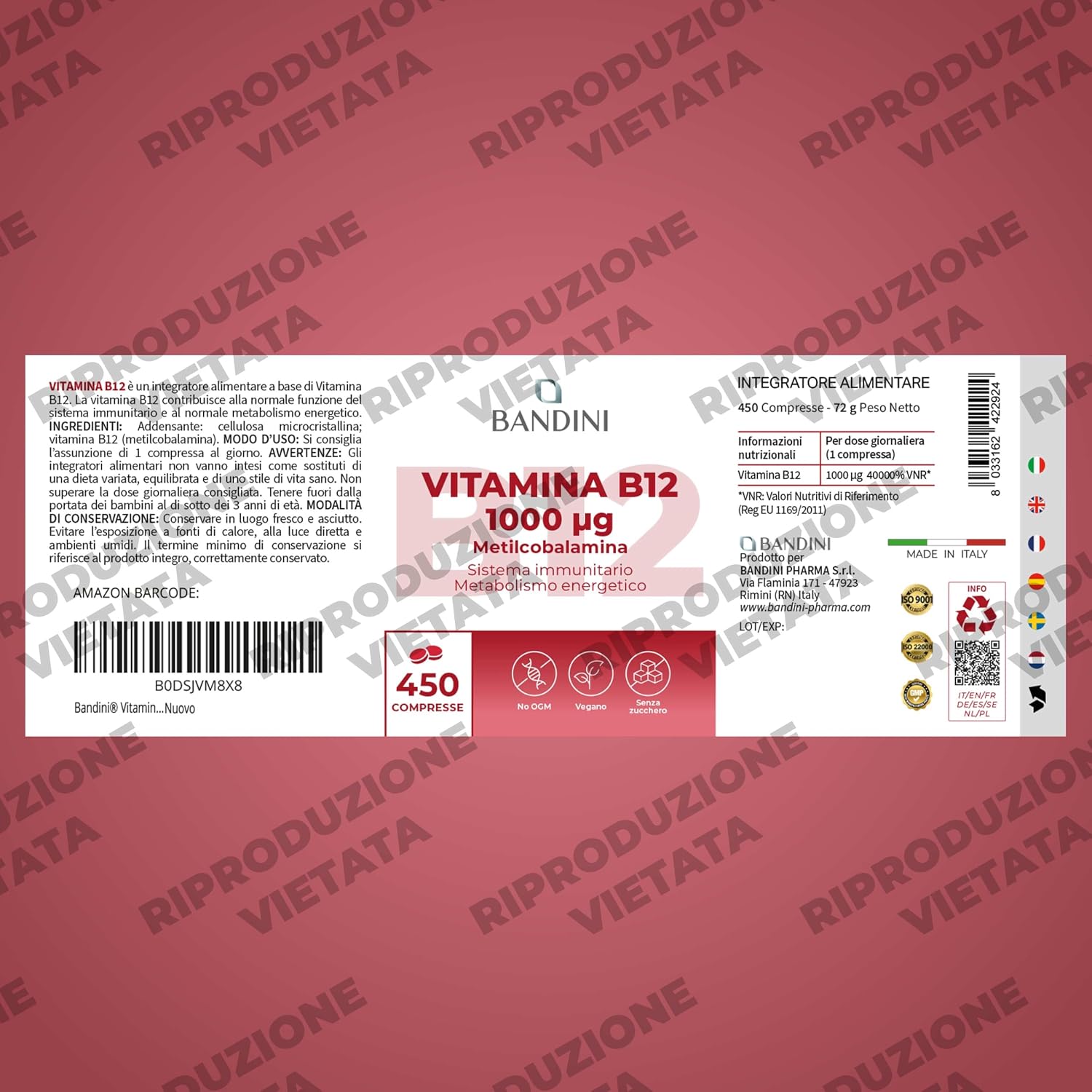 Detalle de BANDINI Vitamine B12, 450 veganistische tabletten met 1.000 µg methylcobalamine