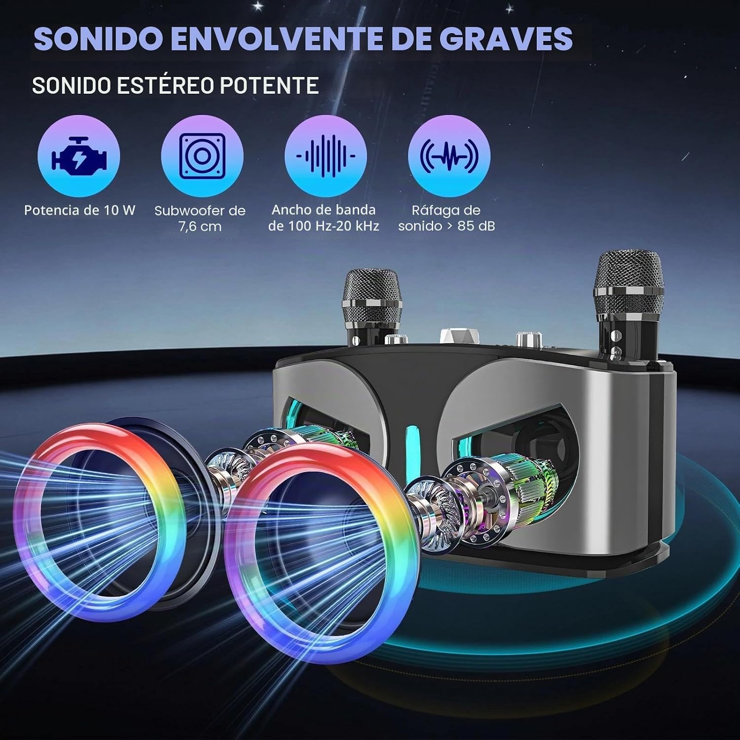 Thumbnail 2 de Máquina de Karaoke Drepint: dúo de micrófonos inalámbricos, Bluetooth 5.3 y luces LED para fiestas
