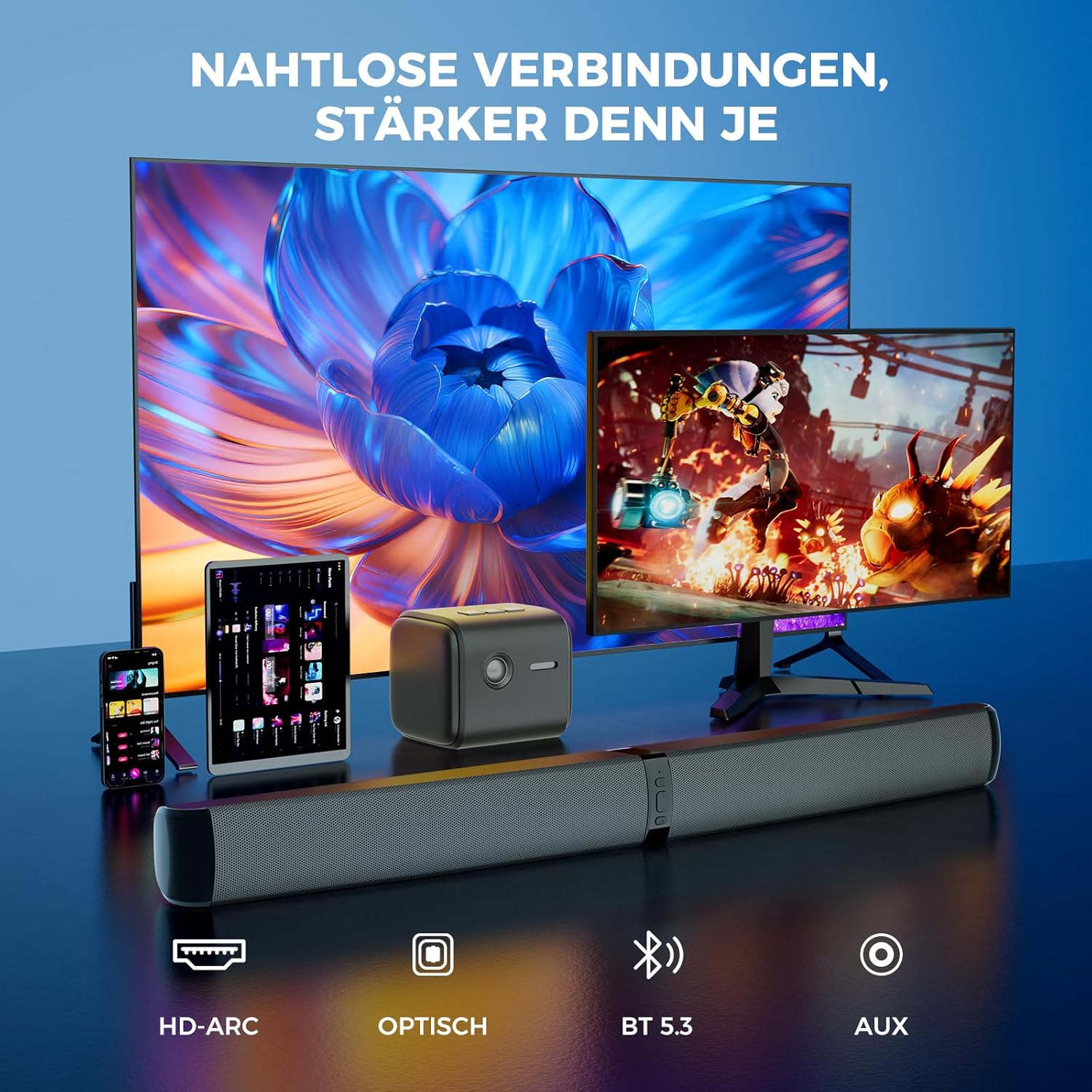 Thumbnail 6 de GarageRock Soundbar für TV-Geräte – 2026 Upgrade, 90 W 2-in-1 Soundbar mit Bluetooth 5.3, ARC/Opt/AUX, kabellose Vielseitigkeit