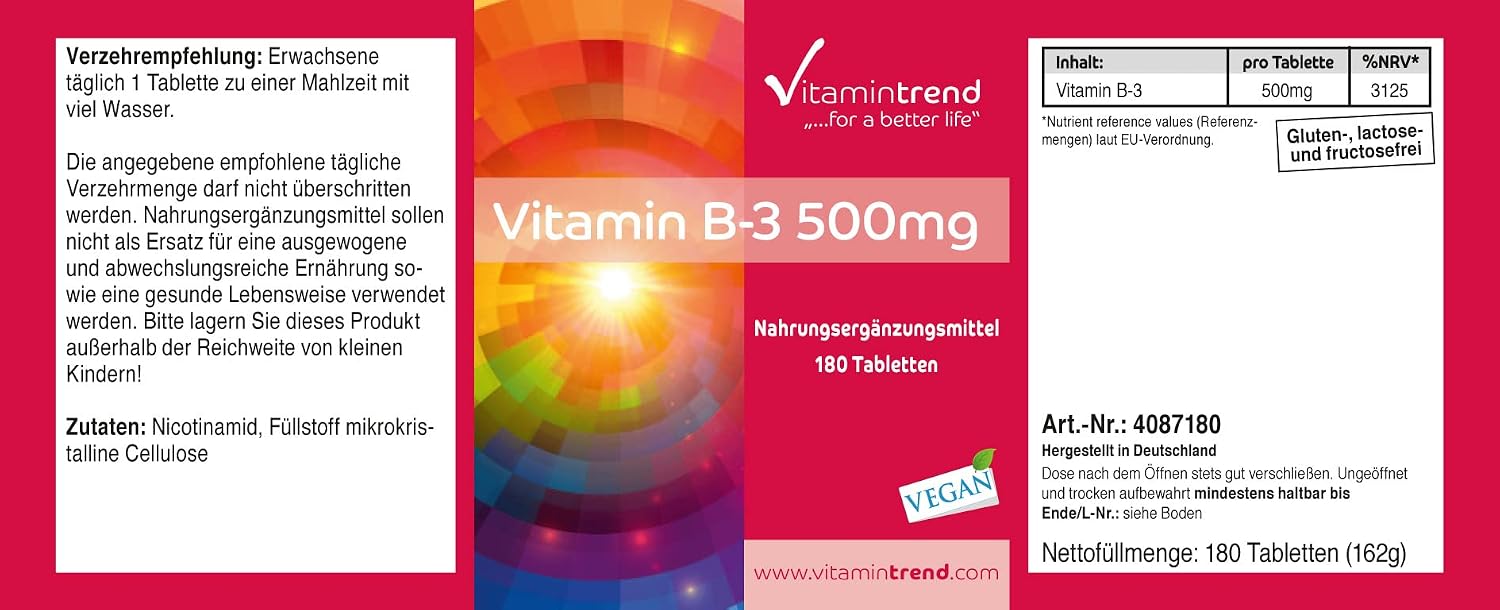 Detalle 2 de Vitamintrend Vitamin B3 500 mg – 180 Tabletten, vegan, hochdosiert, made in Deutschland