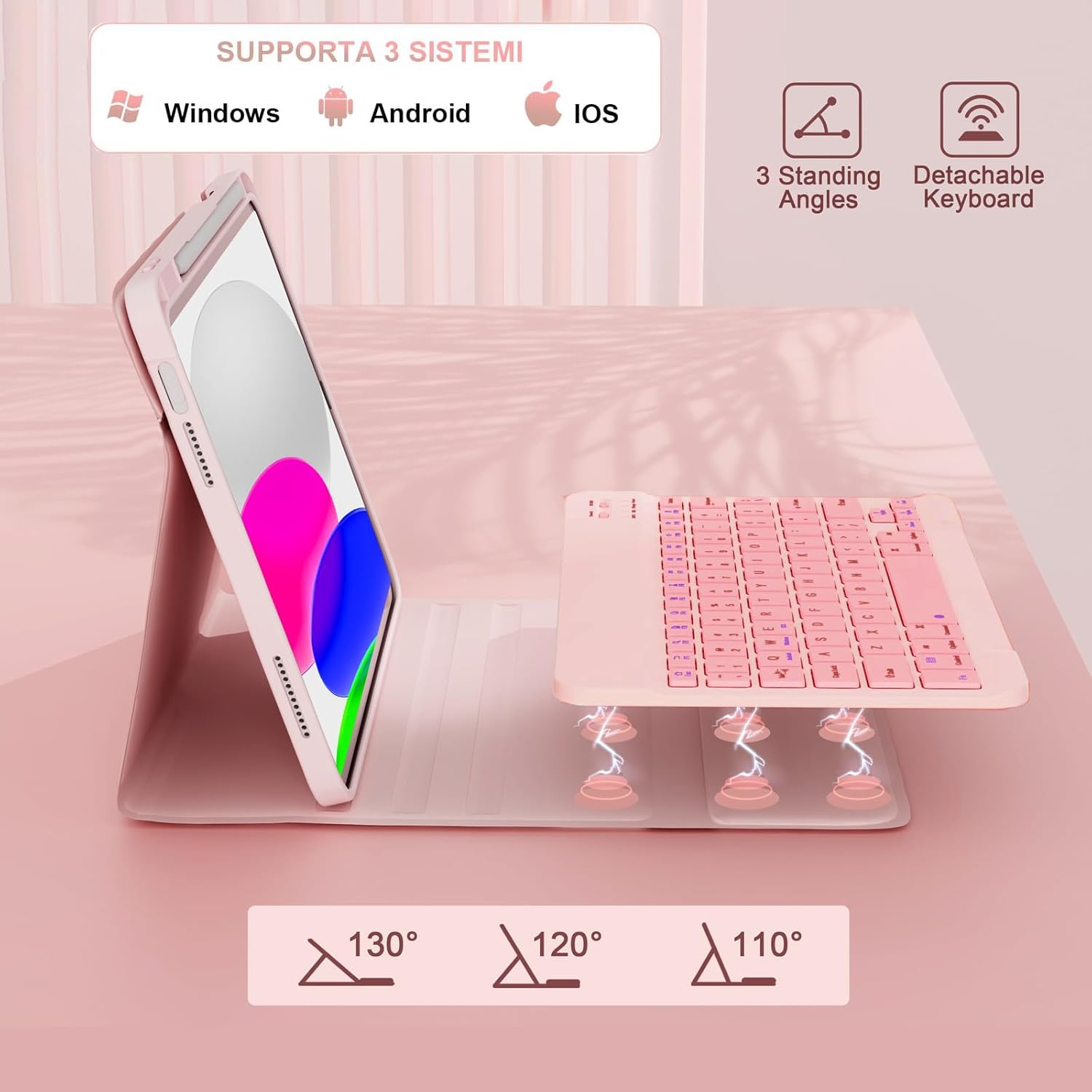 Thumbnail 4 de WALWALO Hülle Tastatur für iPad 10./11. Generation (A16) mit QWERTZ, beleuchtet, magnetisch abnehmbar – rosa