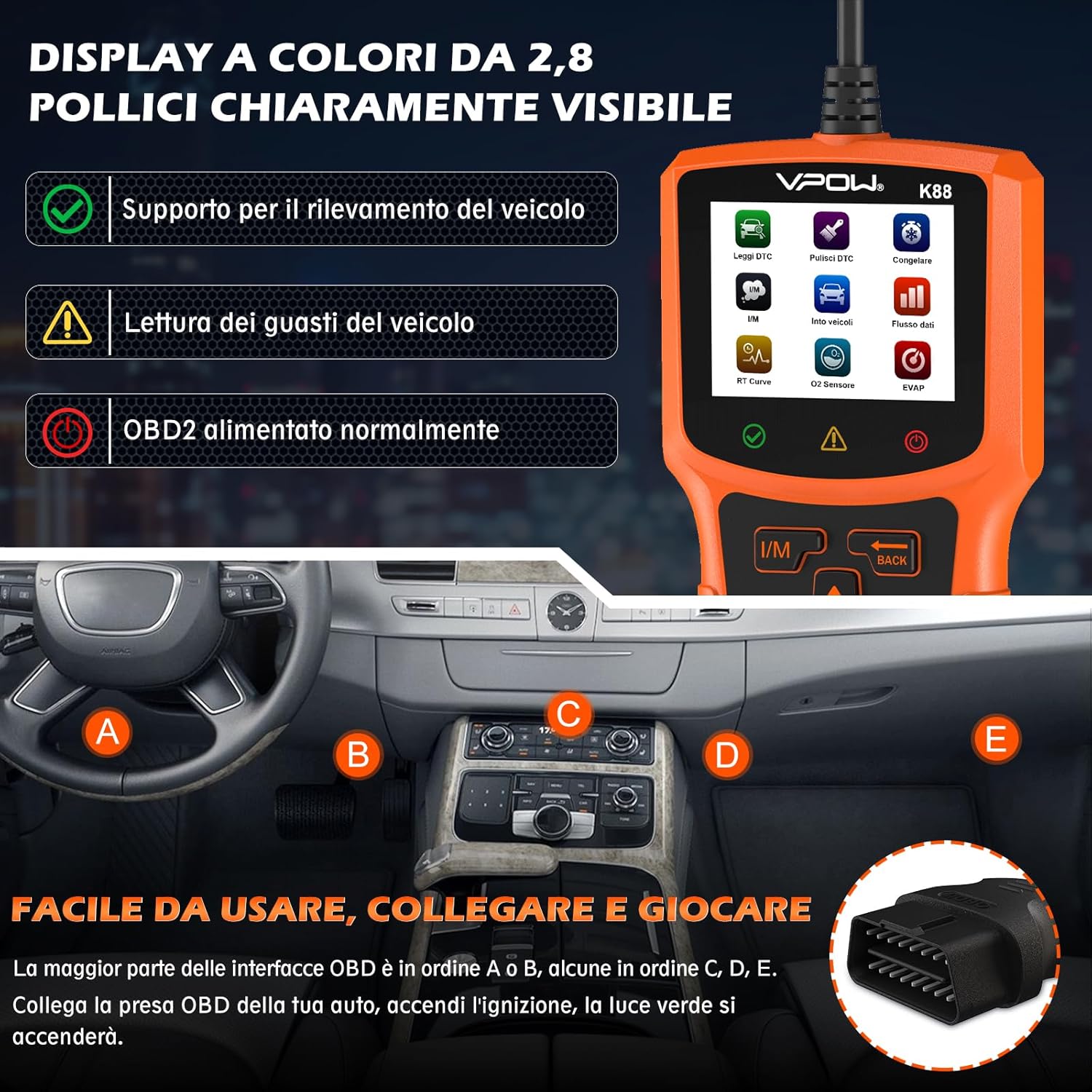 Detalle de Scanner OBD2 VPOW con DTC estesi, test batteria e funzioni diagnostiche (OBDII/EOBD) per BMW, Mercedes e molte auto