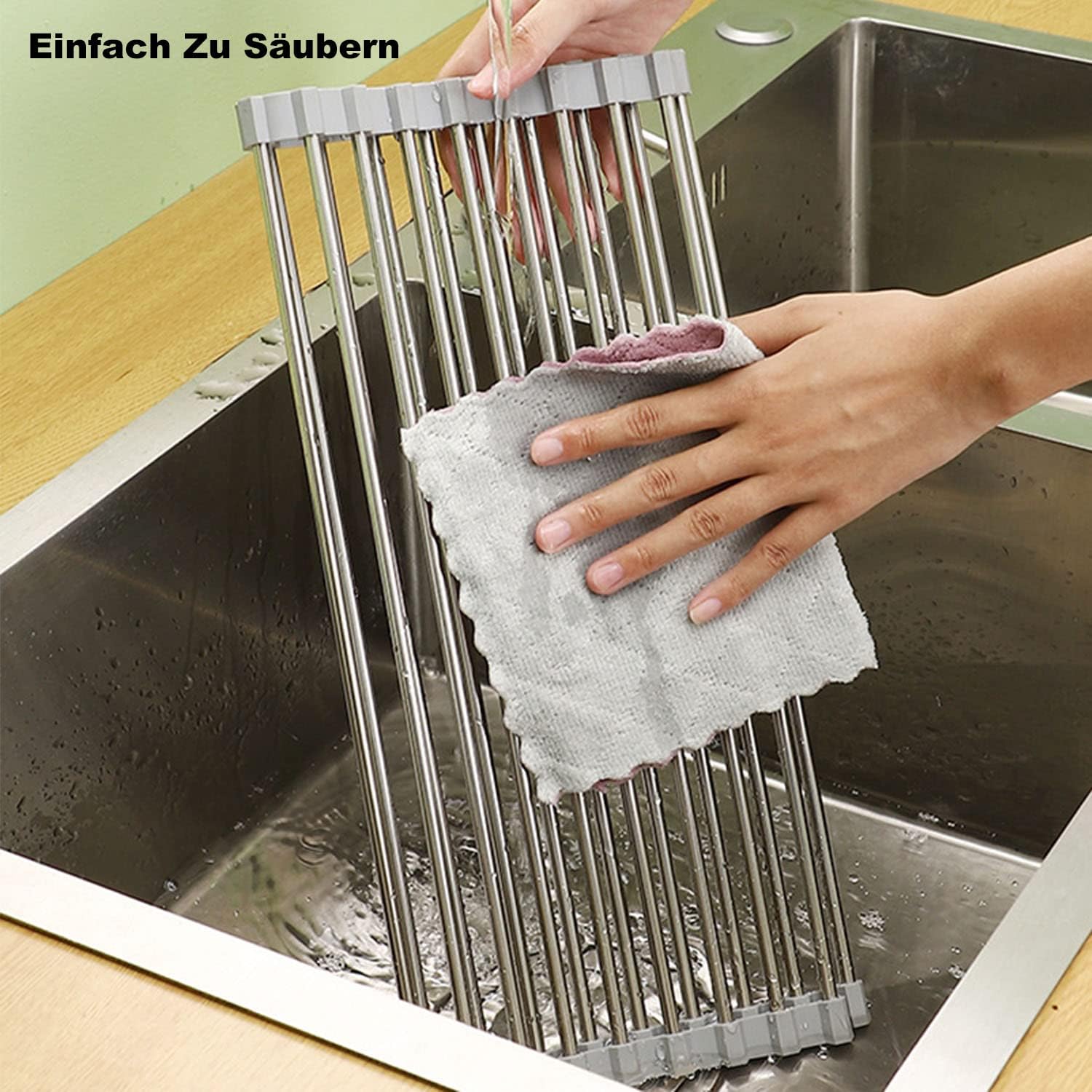 Detalle de ViWaVee Abtropfgestell Geschirr – faltbar, abnehmbar fürs Spülbecken (Grau, 43 × 35 cm)