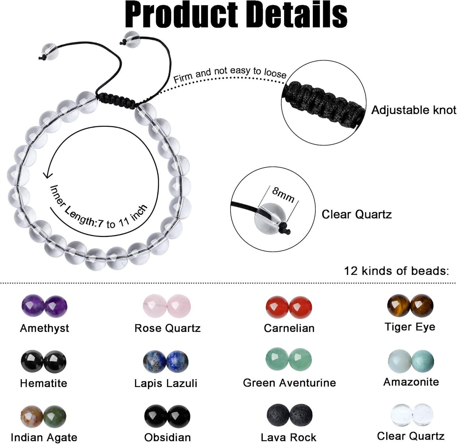 Detalle 2 de AWARDSEN Healing Crystal Bracelet for Women – 8mm Clear Quartz Beads, Adjustable Macrame