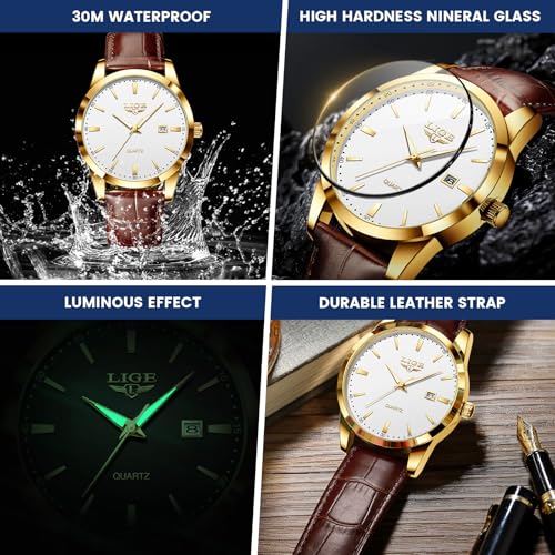 Thumbnail 2 de LIGE Mens Watches Waterproof Analogue Vintage Quartz with Date, Brown Leather – Gold/White