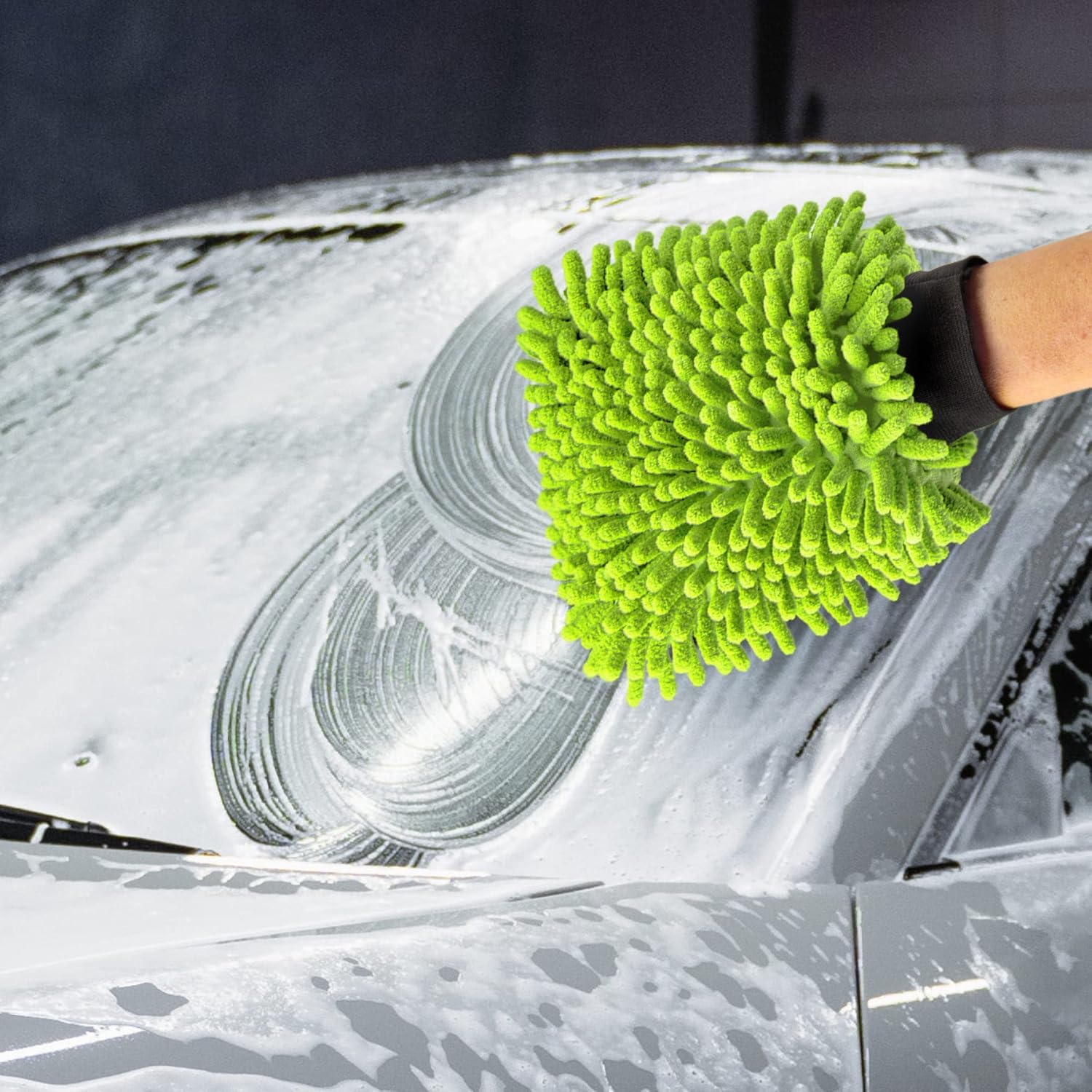 Thumbnail 1 de com-four® Gant de Lavage 3x pour Voitures et Ménage – Gant en Microfibre et Chenille, Vert Fluo