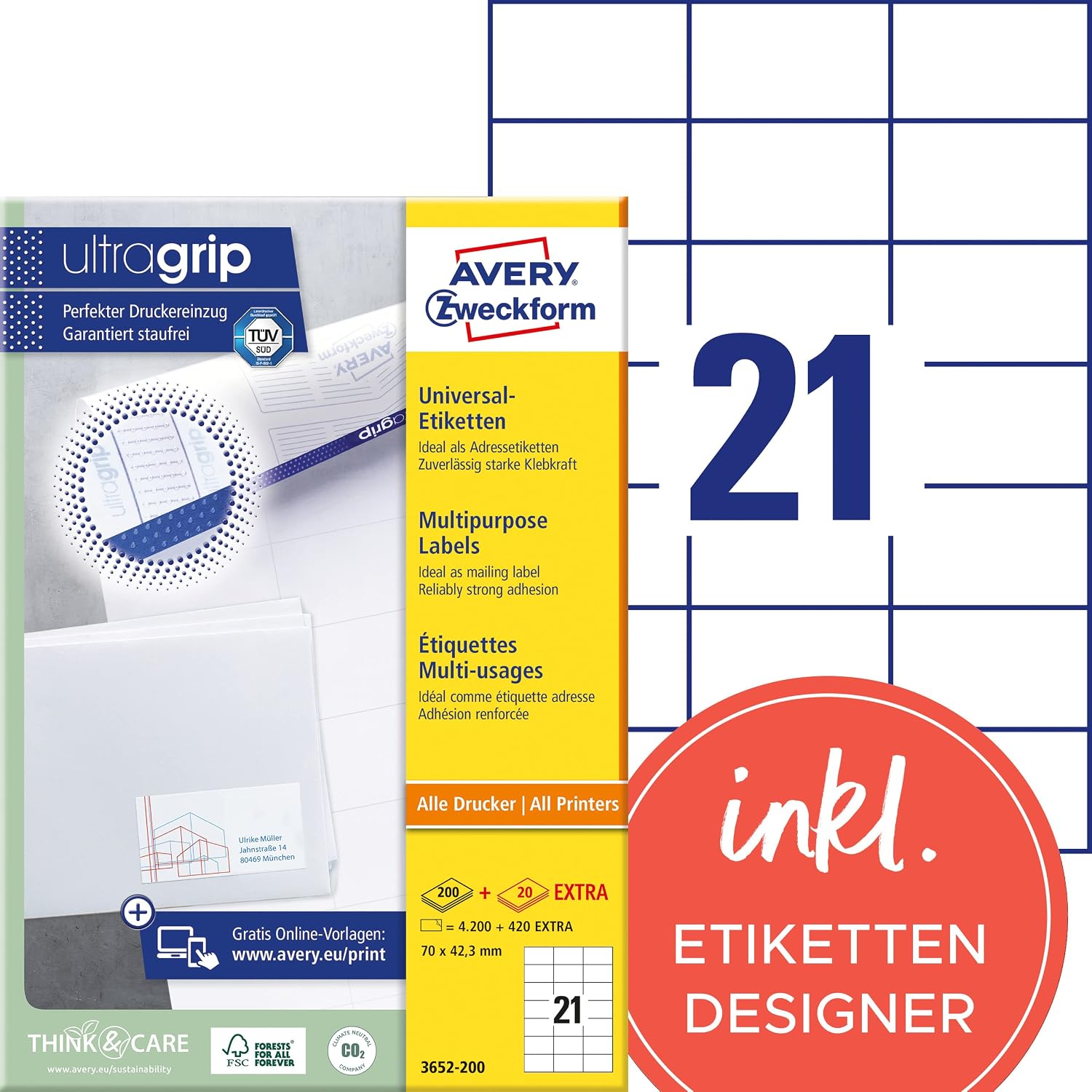 Detalle 2 de AVERY Zweckform 3652 Adressaufkleber – 2.100 Etiketten 70x42,3 mm, matt, selbstklebend