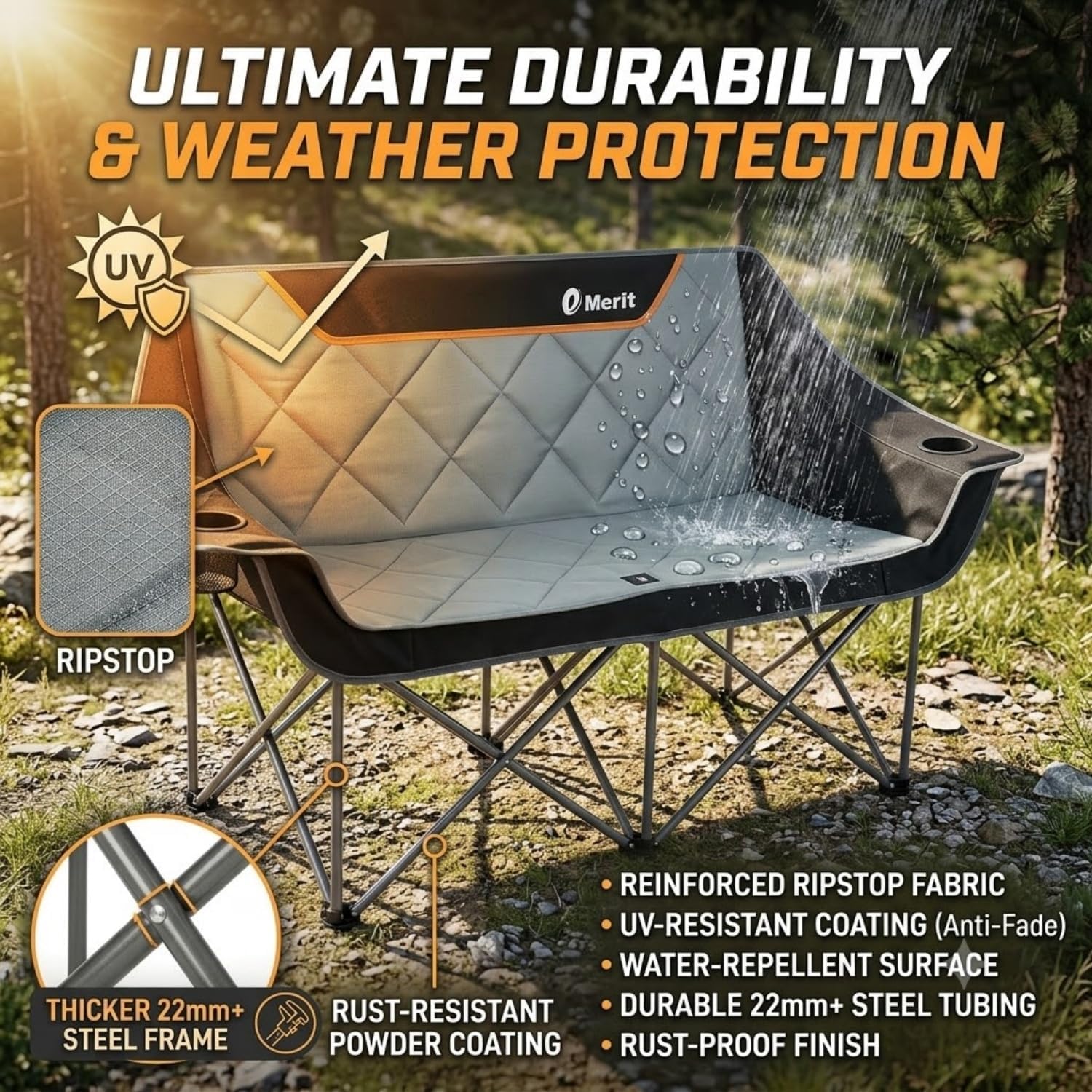 Detalle de EMERIT Oversized Fully Padded Camping Chair — 650 lb Capacity Quad Fold Loveseat