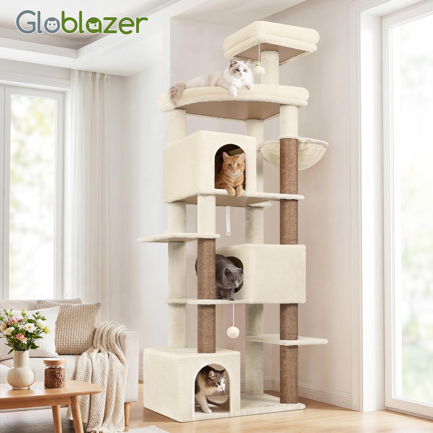 Thumbnail 6 de Globlazer Tiragraffi per Gatti Beige XXL da 203 cm con 3 grandi grotte, piattaforma extra large e sisal pieno
