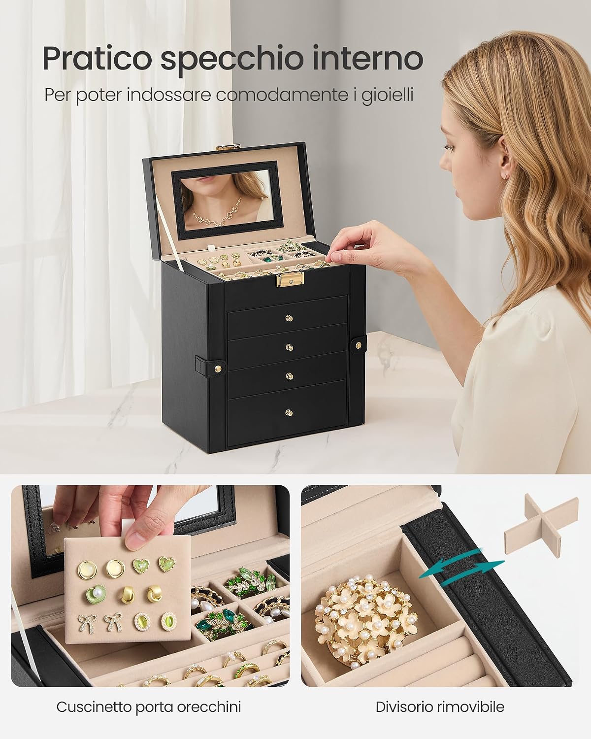 Detalle de SONGMICS Scatola Portagioie a 5 livelli con Specchio Interno e Serratura – Nero Inchiostro JBC153BZ02
