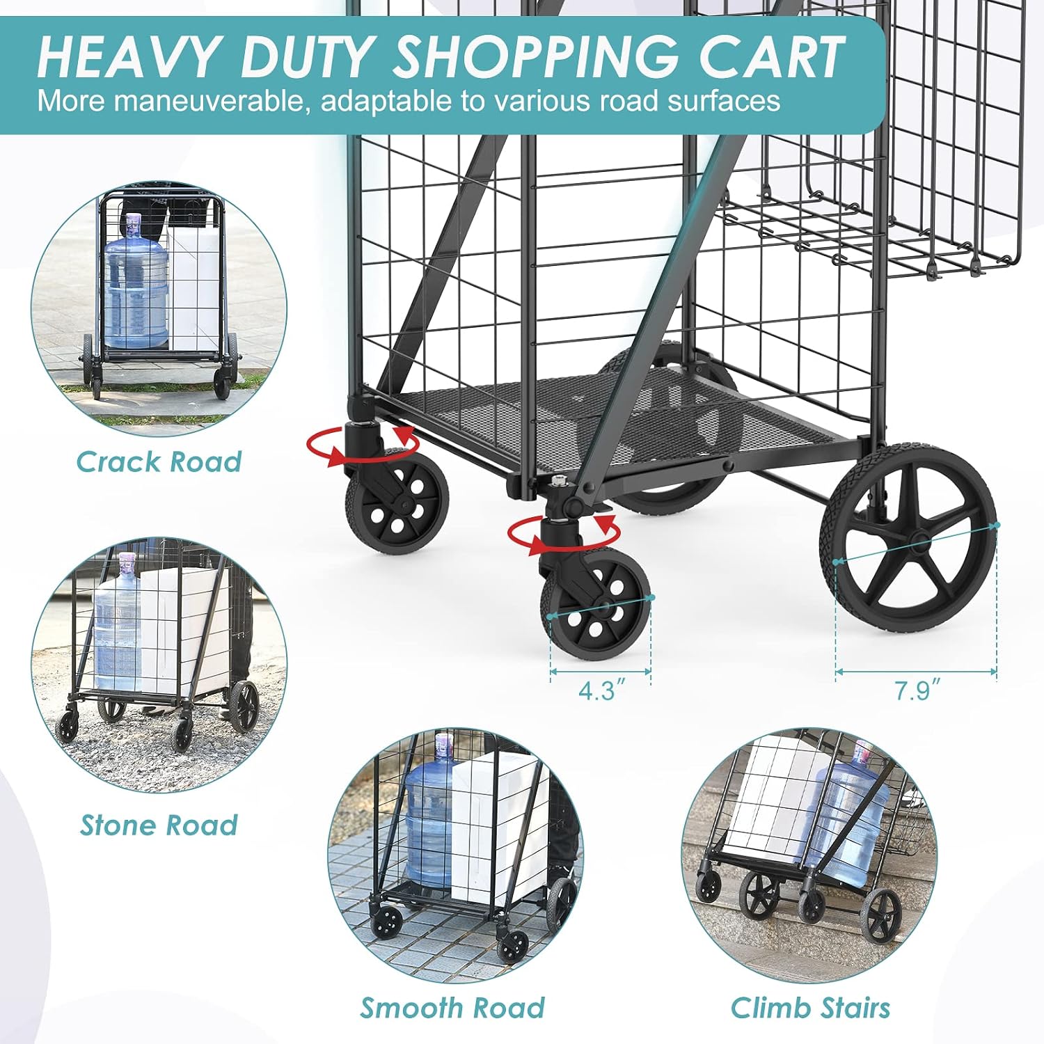 Detalle de RXUJYC Shopping Cart, 330 lb Folding Grocery Cart with Double Baskets & Swivel Wheels