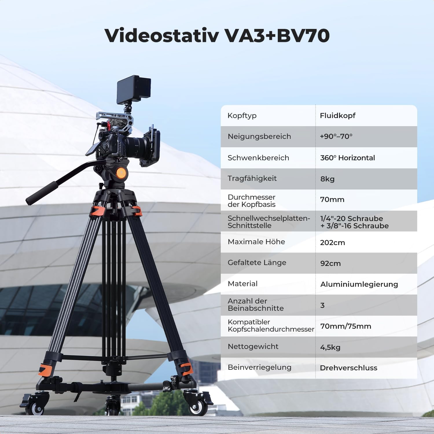 Thumbnail 2 de K&F CONCEPT 202cm Videostativ – Heavy Duty Tripod mit Fluidkopf, 8 kg Tragkraft