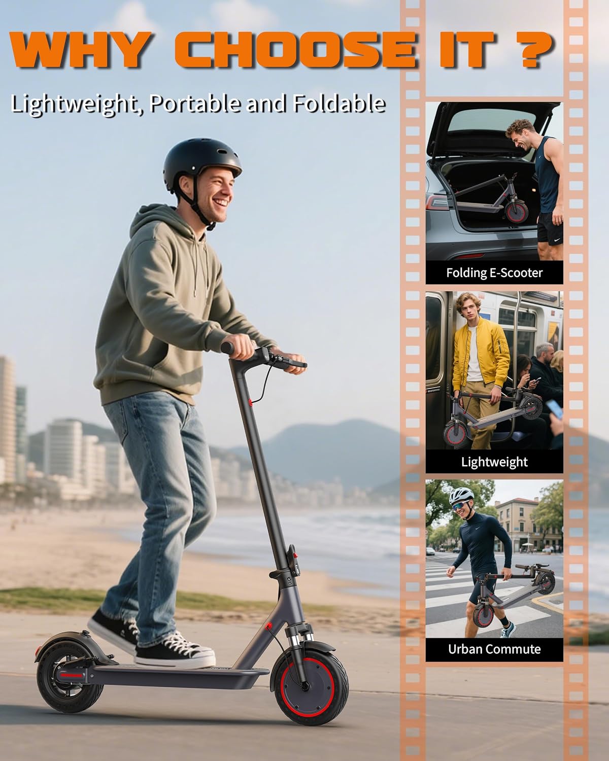 Detalle de VOLPAM SP08 Electric Scooter for Adults, 500W, 10-Inch Solid Tires, Dual Suspension