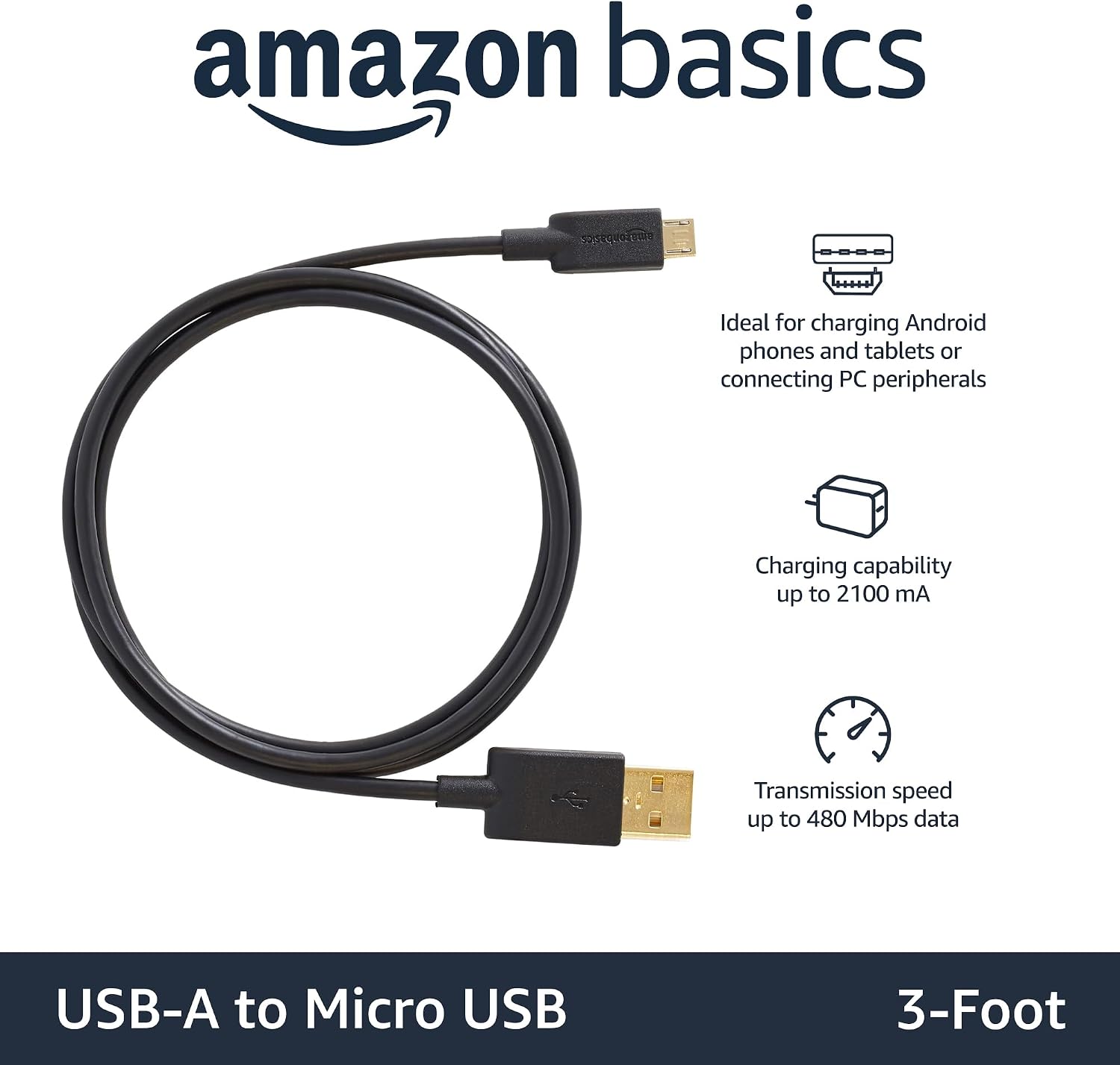 Detalle de Amazonベーシック 7KW8V4 マイクロUSBケーブル USB-A 2.0-Micro-B 0.9m 2本セット