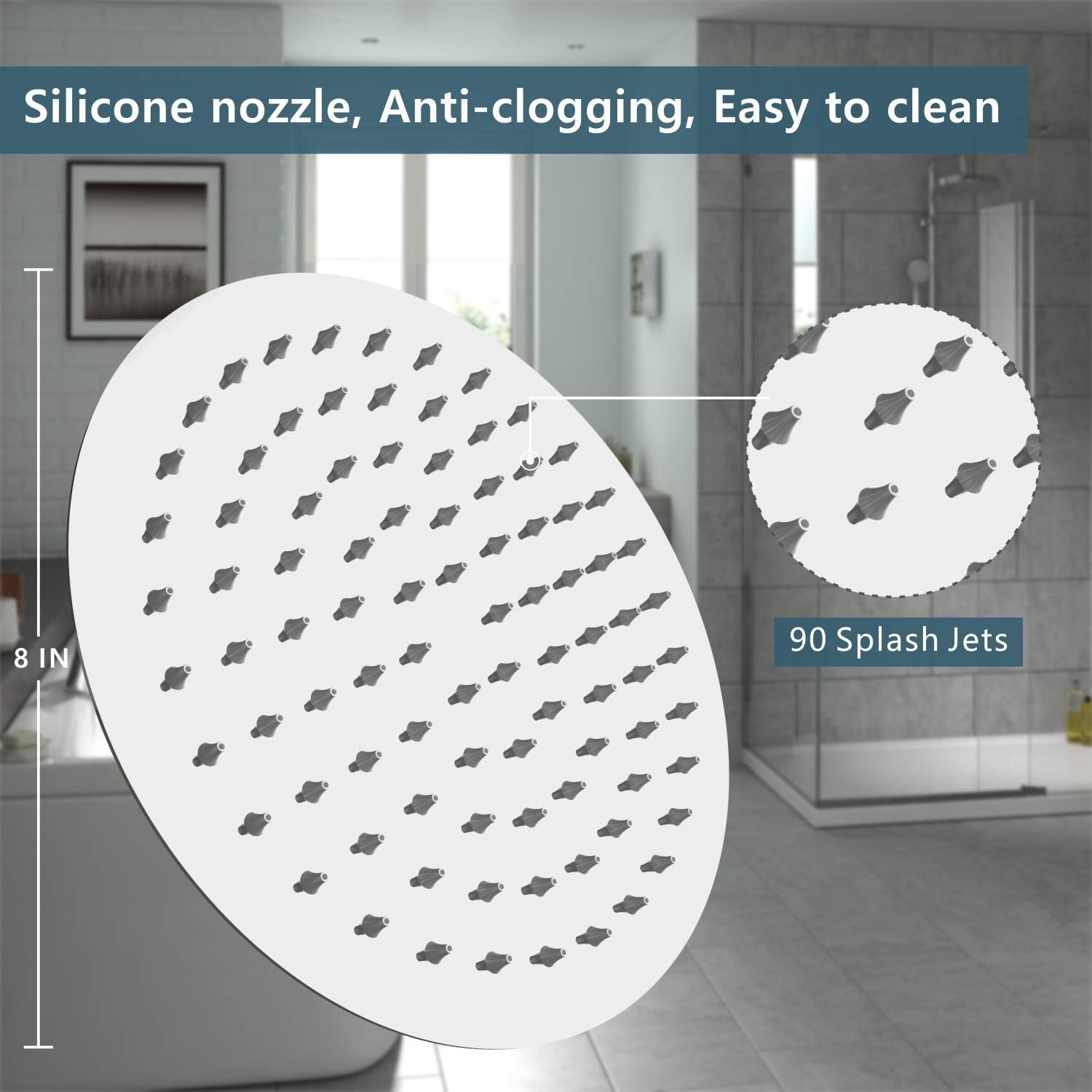 Detalle de WOOPHEN 8-Inch High Pressure Rain Shower Head with 304 Stainless Steel and Chrome Finish
