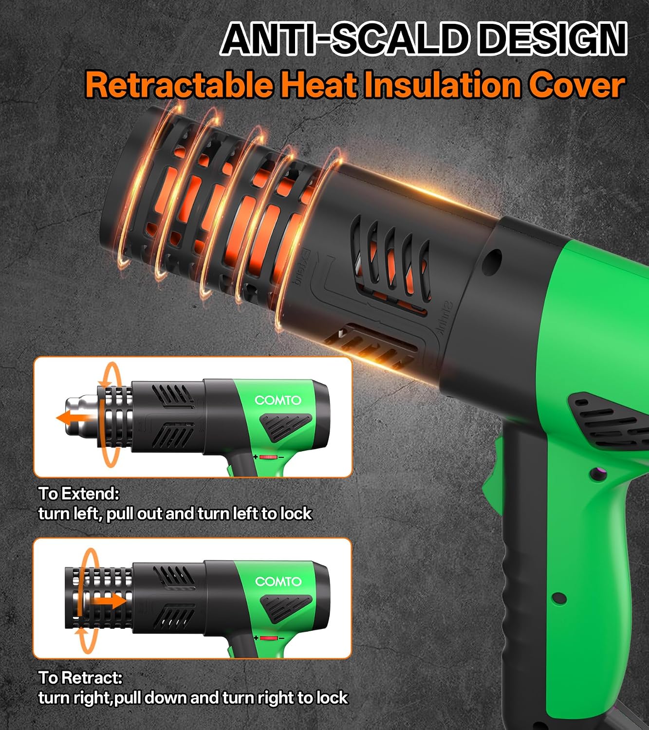 Detalle 2 de COMTO 1800W Heat Gun with Variable Temperature, 4 Nozzles and PA66 Housing