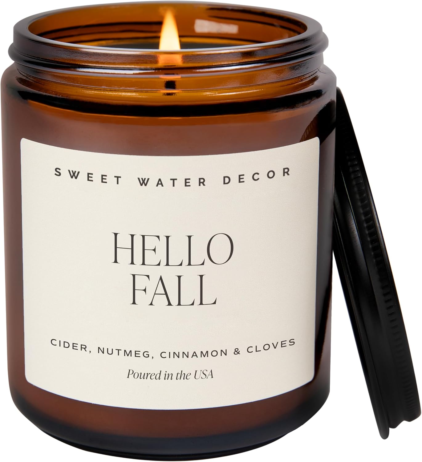 Detalle de Sweet Water Decor Hello Fall 9 oz Soy Blend Candle, Amber Glass Jar
