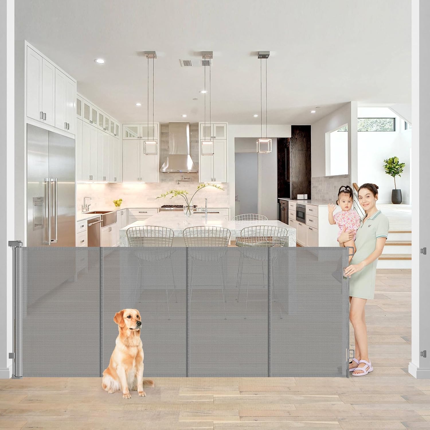 Detalle de Bingguz 42" x 80" Retractable Baby Gate with Fiberglass Support Rods, Gray