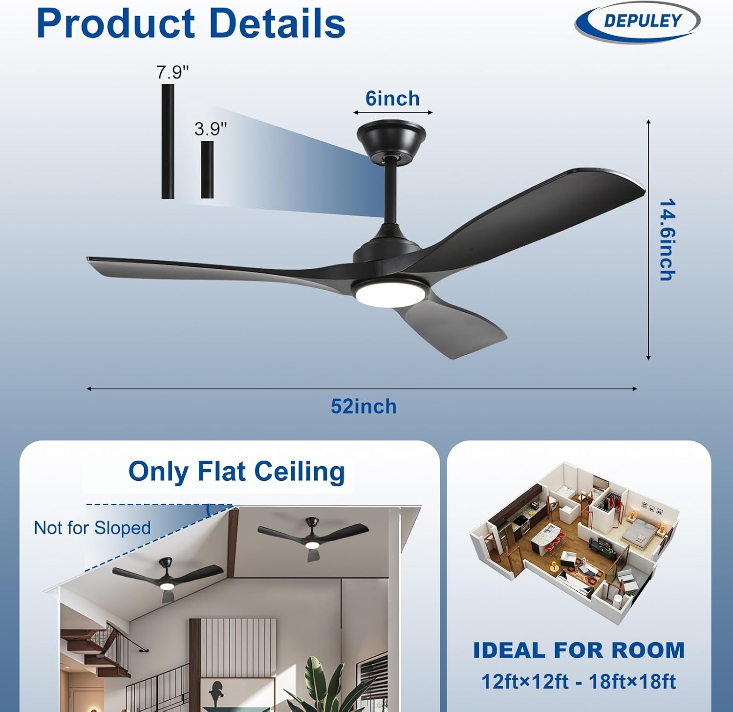 Detalle de Depuley 52-Inch Ceiling Fan with Light: Black 3 Blade Outdoor/Indoor Fandelier
