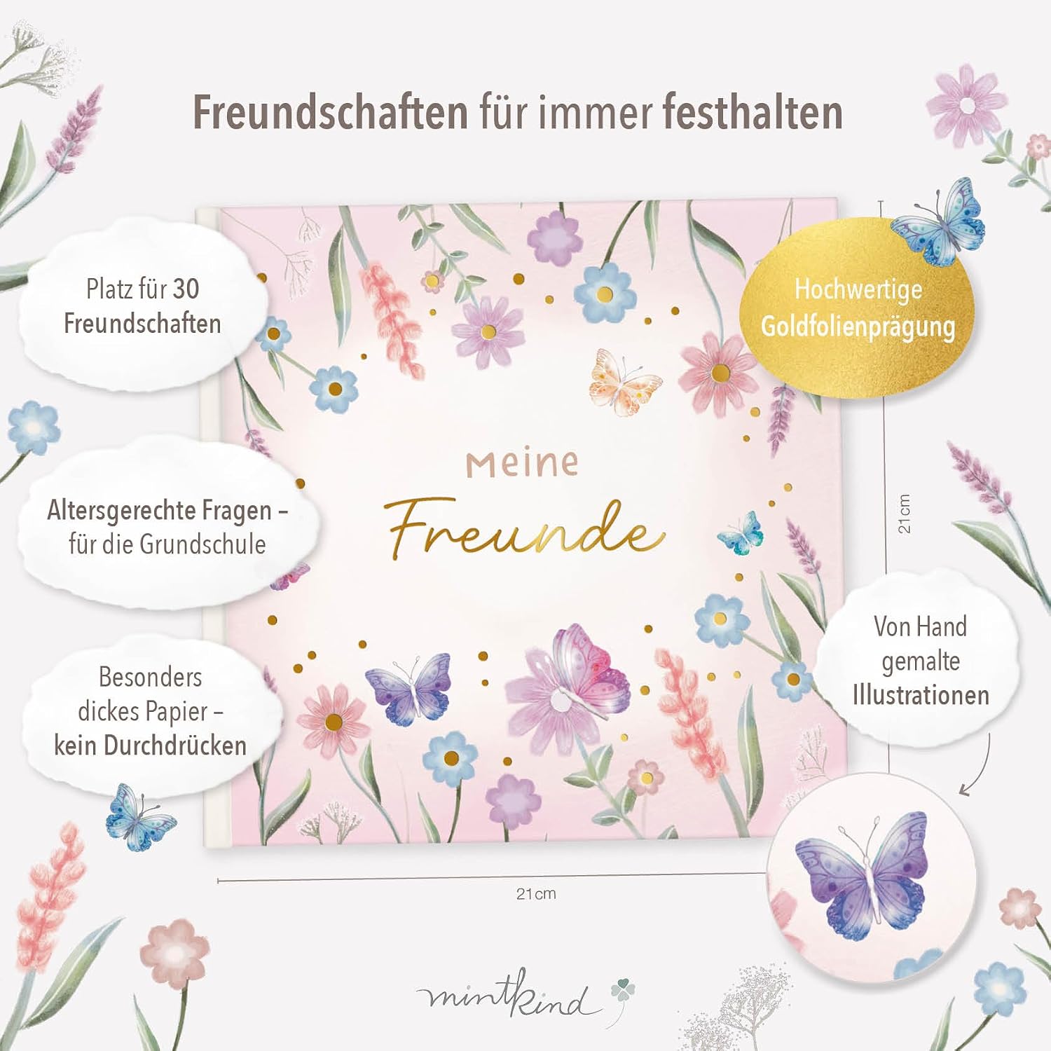 Detalle 2 de mintkind Schulfreundebuch Blumen 21x21 cm Hardcover – Platz für 30 Freunde, dickes 150 g Papier, Geburtstagskalender und Extras